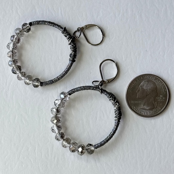 ZEVAR by TRESKA Earrings Bohemian Hoops Beaded Smokey Wire Wrap Silver - Picture 4 of 6